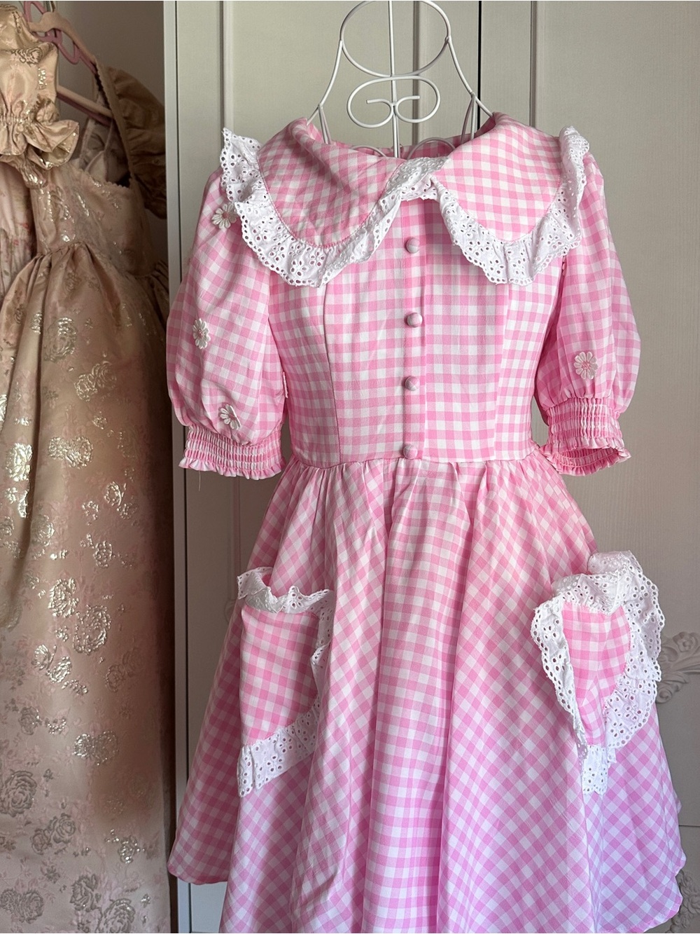 Misscandyholic NWT Pink Gingham Lace-Trim Puff Sleeve Dress💗🎀
